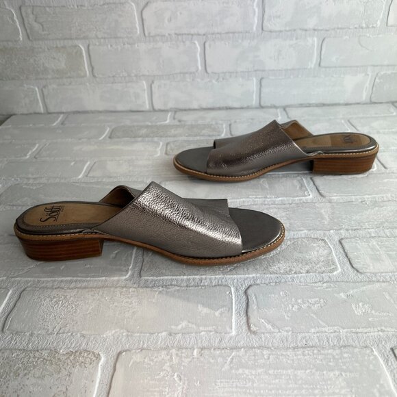 Sofft Slides Slip On Sandals Womens‎ 10 Metallic Pewter Low Wood Heel Open Toe - Picture 8 of 11